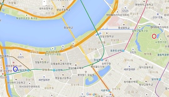 빨간색 원이 송파구 미세먼지 측정기 위치, 파란색 원은 잠실구장의 위치다. 거리 차이가 있는 데다 미세먼지 측정기는 녹지대에 둘러 싸여 있다(사진=Google 지도)