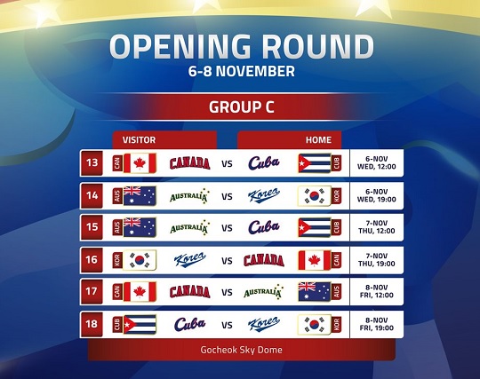 11월 6일부터 8일까지 열리는 WBSC 프리미어12 대회 예선 C조 경기 일정. 한국은 호주와 캐나다, 그리고 쿠바 순으로 예선전을 치른다(사진=WBSC)