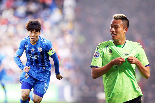 울산 현대 김보경(사진 왼쪽), 전북 현대 김신욱(사진=한국프로축구연맹)