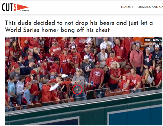 맥주를 쏟지 않고 홈런 볼을 가슴으로 받은 워싱턴 팬(사진=MLB.com  CUT4 캡처)