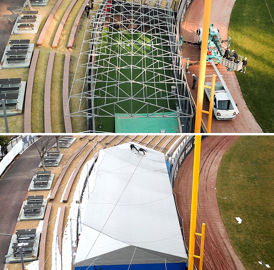 광주-기아 챔피언스 필드 불펜에 방한 및 방풍 시설을 설치하기 전(위)과 후(아래) 광경(사진=KIA)
