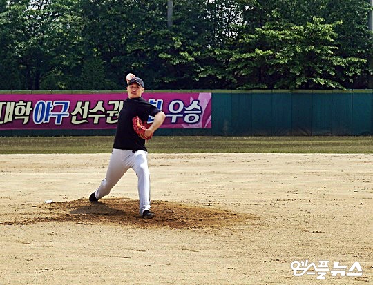 이용찬이 5월 11일 수원 성균관대 야구장 마운드에 올라 첫 실전 투구를 선보였다(사진=엠스플뉴스 김근한 기자)