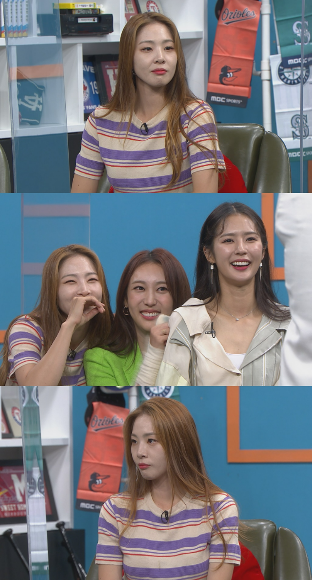 비디오스타에 출연한 신수지. 가운데 사진 왼쪽부터 신수지, 박지영 아나운서, 치어리더 박기량 (사진=MBC PLUS)