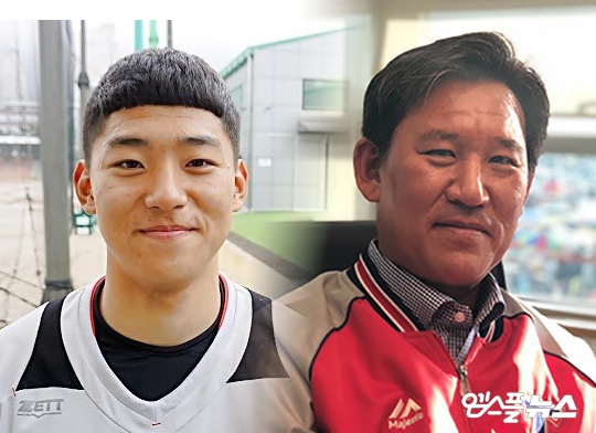 KIA 조계현 단장(오른쪽)이 광주동성고 내야수 김도영(왼쪽)을 1차 지명자로 택했다(사진=엠스플뉴스)
