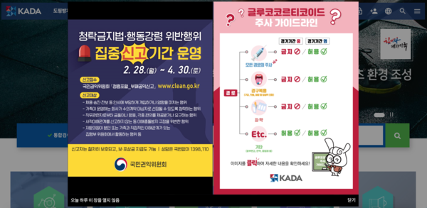KADA 홈페이지에 올라온 주사 치료 금지 안내 공지.