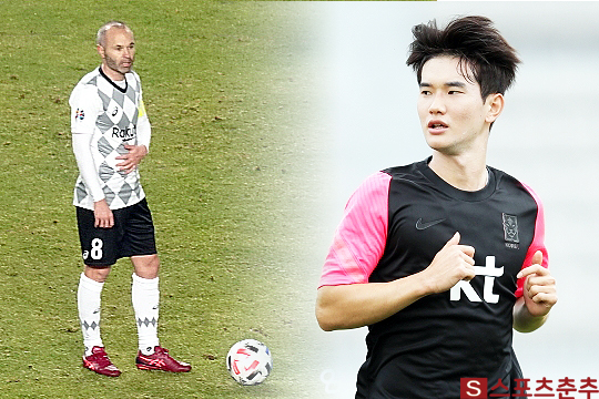 비셀 고베에서 활약 중인 미드필더 안드레스 이니에스타(사진 왼쪽), 전북 현대 미드필더 김진규(사진=스포츠춘추, 대한축구협회)