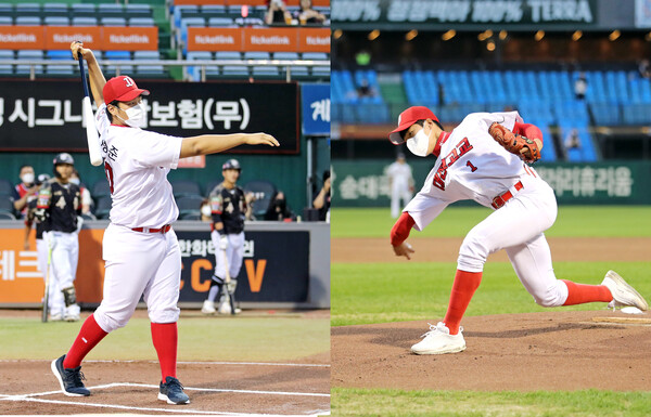 대전고 곽성준, 대전고 송성훈의 시구 시타(사진=한화)