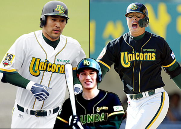 현대 유니콘스 실제 헬멧 디자인. 가운데 염경엽(현 해설위원)이 쓴 헬멧이 그나마 드라마 속 헬멧 디자인에 가깝다(사진=현대 유니콘스)