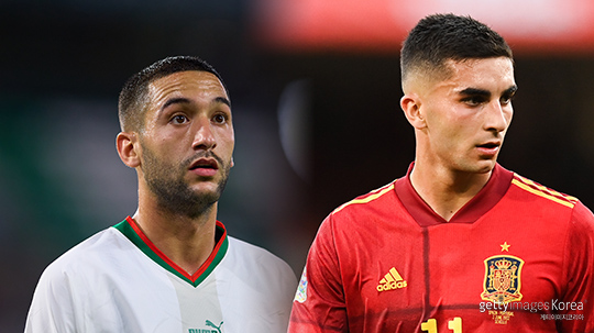 모로코 공격수 하킴 지예흐(사진 왼쪽부터), 스페인 공격수 페란 토레스(사진=게티이미지코리아)