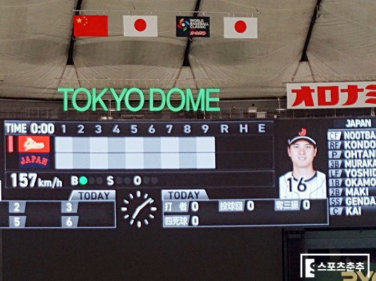 1회 초구부터 구속 157km/h를 찍은 투수 오타니(사진=스포츠춘추 김근한 기자)