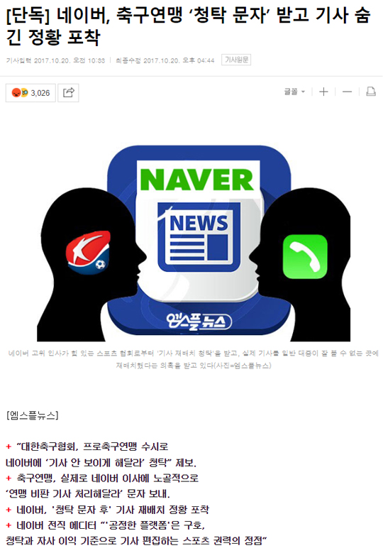 2017년 10월 20일 박동희 당시 엠스플뉴스(스포츠춘추 전신) 대표기자는 네이버 스포츠면을 통해 '네이버 기사 재배치'를 폭로했다. 기사가 나간지 얼마 지나지 않아 네이버는 한성숙 당시 대표를 통해 폭로 내용을 인정하며 사과문을 냈다(사진=스포츠춘추)