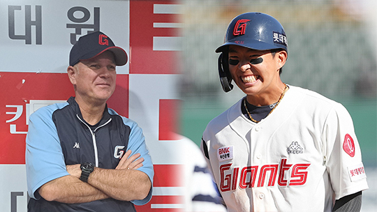 롯데 래리 서튼 감독, 외야수 김민석(사진=스포츠춘추 김종원 기자, 롯데)