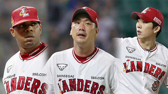 SSG 좌완 선발 트리오 로에니스 엘리아스(사진 왼쪽부터), 김광현, 오원석(사진=SSG)