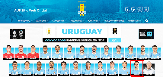 루이스 수아레스(붉은색 표시)가 우루과이 축구 대표팀 복귀를 알렸다(사진=우루과이 축구협회 캡처)