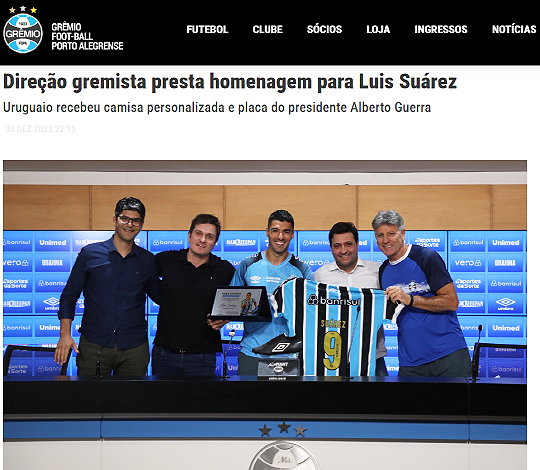 루이스 수아레스가 그레미우와 작별했다(사진=그레미우 홈페이지 캡처)