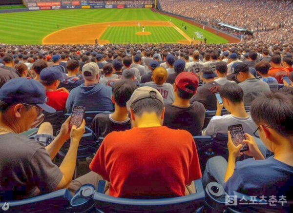 야구장에서도 디지털 콘텐츠를 즐기는 야구팬의 모습을 상상한 일러스트(일러스트=Bing AI)