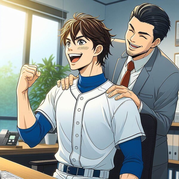 계약 체결에 기뻐하는 선수와 에이전트(이미지=Bing AI)