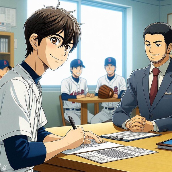 선수가 계약서에 사인하는 순간(이미지=Bing AI)