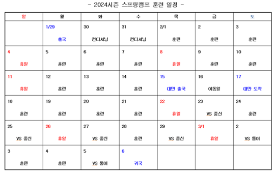 키움의 2024시즌 스프링캠프 훈련 일정(사진=키움)
