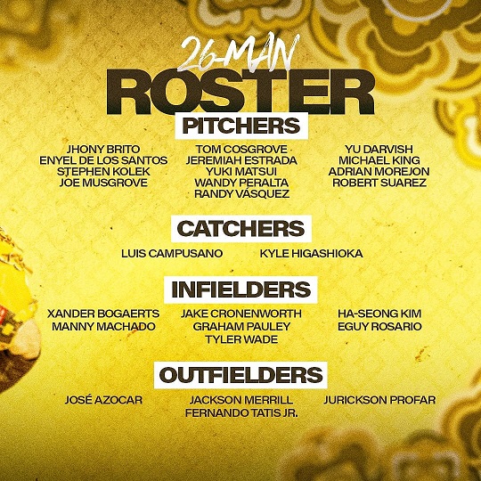 20일 파드리스가 발표한 개막 26인 로스터(사진=샌디에이고 파드리스 구단)