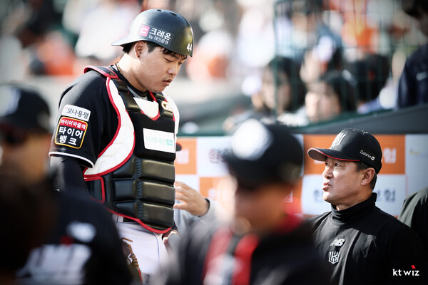 포수 변신을 준비하는 강백호(사진=KT)