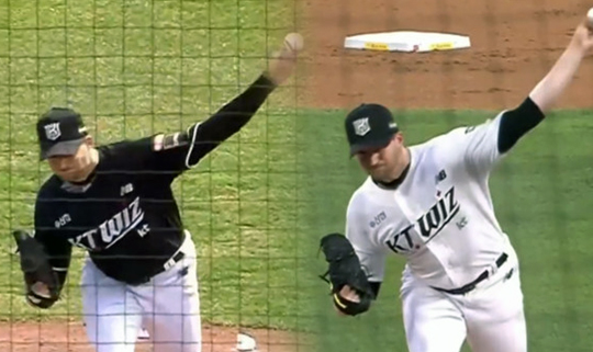 3월 31일 대전 한화전(사진 왼쪽부터), 4월 12일 수원 SSG전 벤자민의 투구 모습(사진=해당 경기 중계화면 캡처)