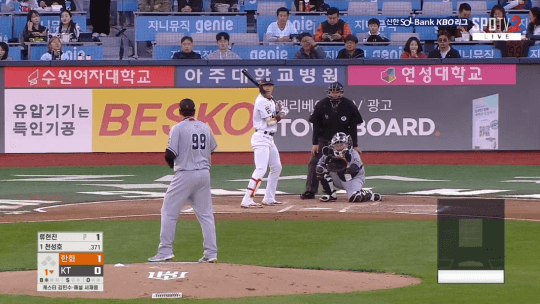 24일 KT전, 류현진이 좌타자 천성호 상대로 바깥쪽 투구로 3연속 볼 판정을 받았다(제공=TVING(티빙))