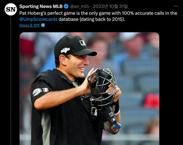 2022년 월드시리즈에서 100% 정확도를 자랑한 팻 호버그 심판(사진=스포팅 뉴스 MLB SNS)