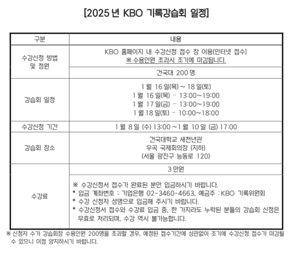 KBO 기록강습회 일정(표=KBO)