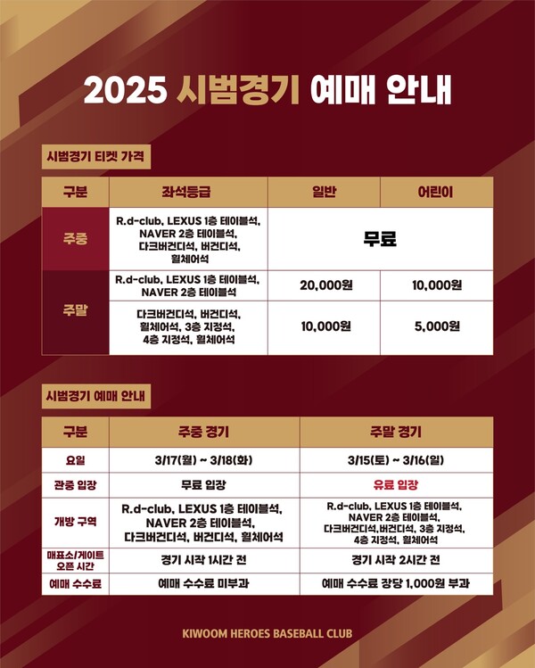 키움 히어로즈, 2025 KBO 시범경기 주말 홈경기 티켓 판매 개시(사진=키움)