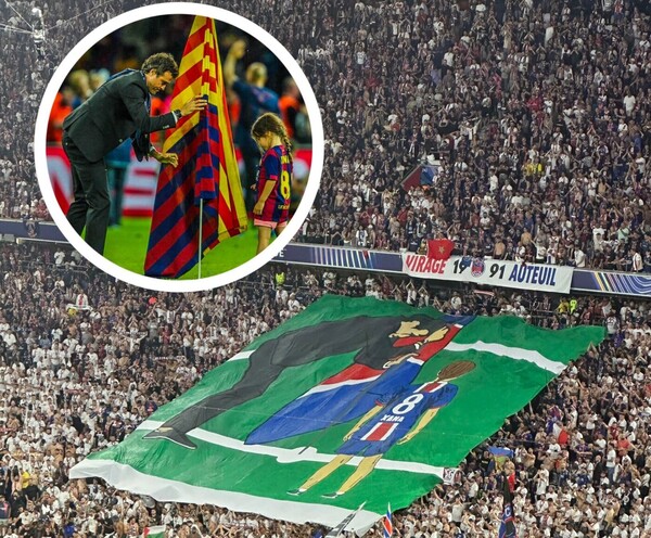 세상을 떠난 딸 사나와 엔리케 감독을 묘사한 현수막을 펼친 PSG 팬들.