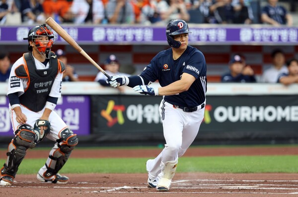 두산 김재환의 타격 장면(사진=두산)