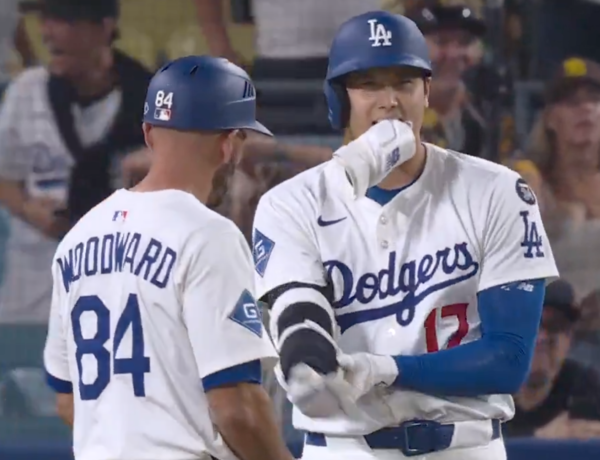 동료들을 말리는 오타니(사진=MLB.com)