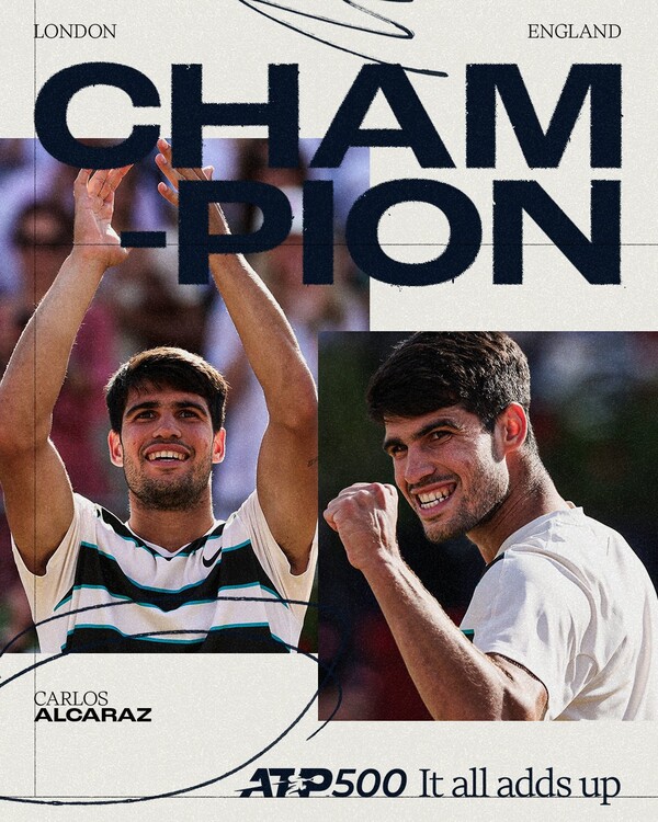 알카라스는 6월 22일(현지시간) 영국 런던 퀸스클럽에서 열린 2025 HSBC 챔피언십 남자 단식 결승에서 세계 30위 이르지 레헤치카(체코)를 꺾고 두 번째 퀸스클럽 타이틀을 차지했다(사진=ATP 투어 SNS).