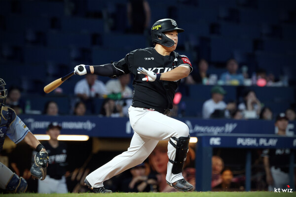 지난 23일 타석에 들어선 강백호가 방망이를 휘두르고 있다. (사진=KT 위즈)