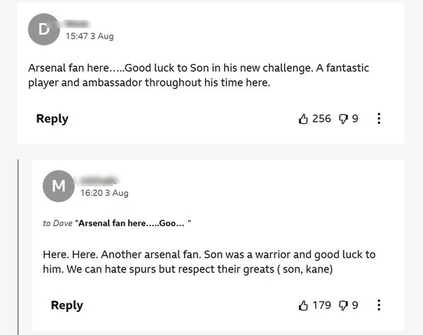 BBC의 손흥민 기사에 남겨진 아스널 팬들의 댓글 (사진=BBC 캡처)