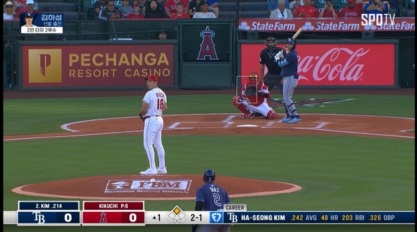 5일 탬파베이 레이스 김하성이 타석에 들어서 다저스의 선발투수 가쿠치를 상대하고 있다. (사진=중계화면 캡쳐)