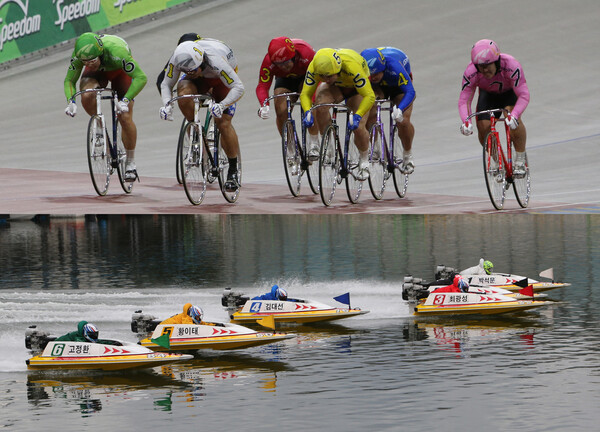 광명스피돔에서 열리는 경륜 경주(위 사진)와 미사 경정장에서 열리는 경정경주 장면. 사진 | KSPO