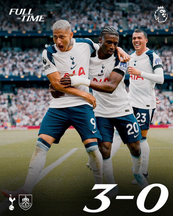 토트넘이 히샬리송 멀티골과 브레넌 존슨의  쐐기골을 앞세워 번리를 3-0으로 제압했다. (사진=토트넘 SNS)