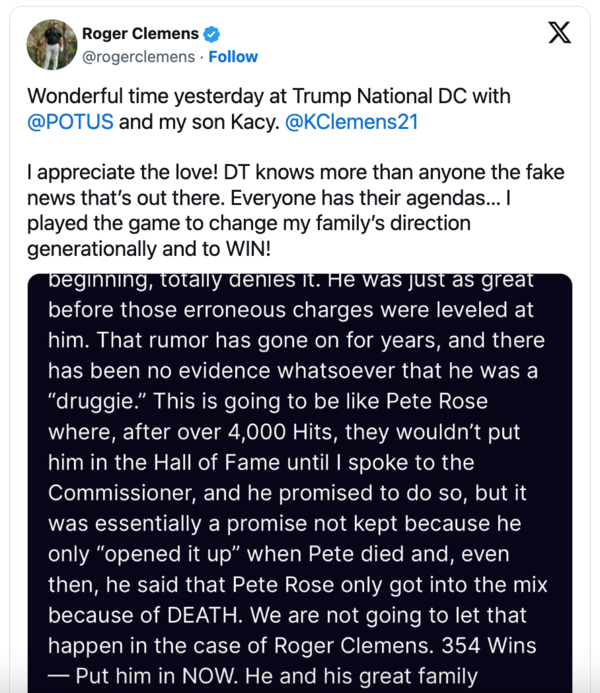 대통령 빽으로 명예의 전당 입성을 노리는 로저 클레멘스(사진=로저 클레멘스 SNS)