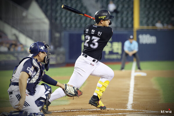최근 타격 페이스가 떨어지고 있는 안현민(사진=KT)