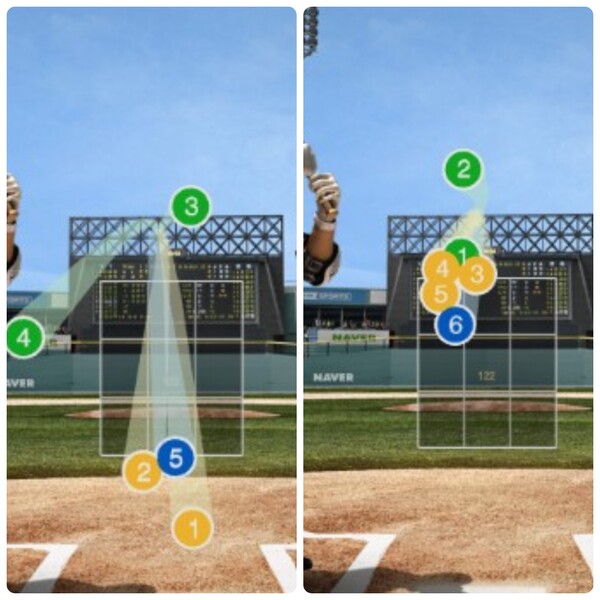 26일 대전 한화전  노시환 상대 LG 치리노스의 투구 내용. 왼쪽이 1회말, 오른쪽이 4회말 투구 내용이다. (사진=네이버 문자 중계 갈무리)