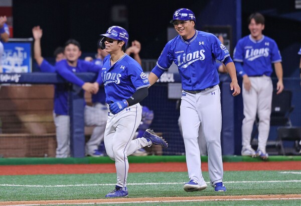 삼성 김성윤은 28일 서울 고척스카이돔에서 열린 키움히어로즈전에서 7회초 1점홈런을 기록했다. (사진=삼성)