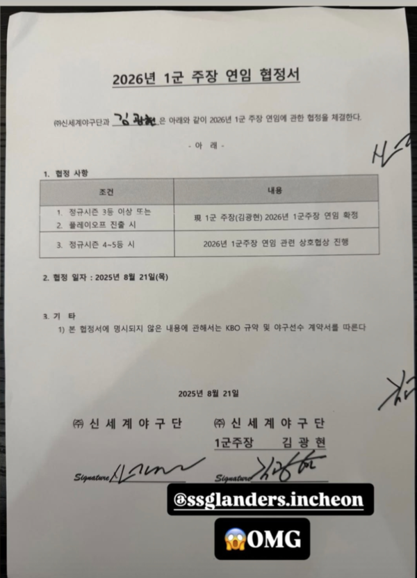 3위 확정 뒤 김광현이 SNS에 올린 주장 연임 계약서(사진=김광현 SNS)