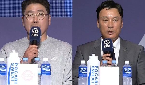 시즌 중반 팀을 떠난 홍원기(왼쪽)와 이승엽. (사진=TVING 중계화면 캡처)