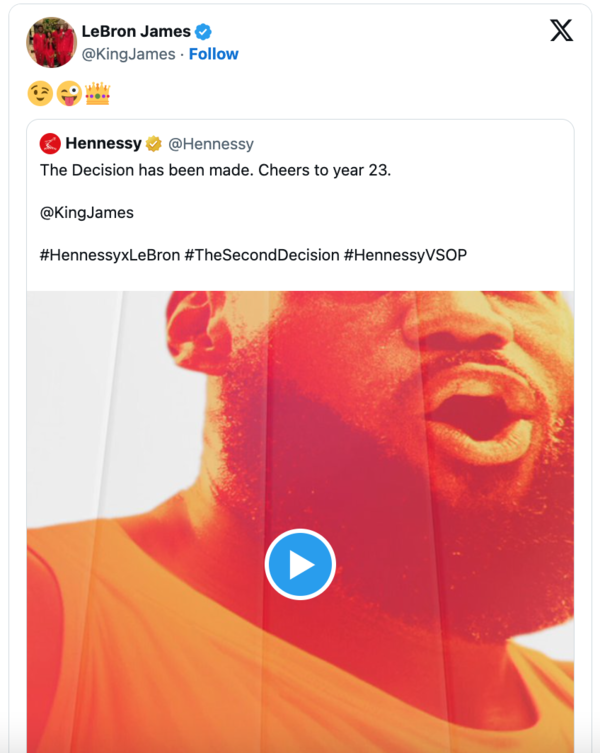 헤네시 광고를 리포스트한 르브론(사진=르브론 제임스 SNS)