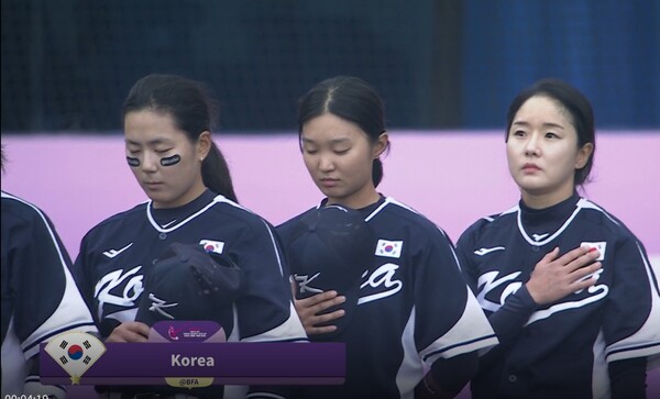 경기 전 국기에 대한 경례를 하고 있는 한국 대표팀. (사진=중계화면 갈무리)