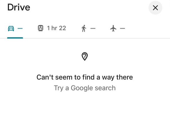 구글 지도는 국내에서 차량 길찾기 기능을 제공하지 못한다. (사진=구글 지도 앱 갈무리)