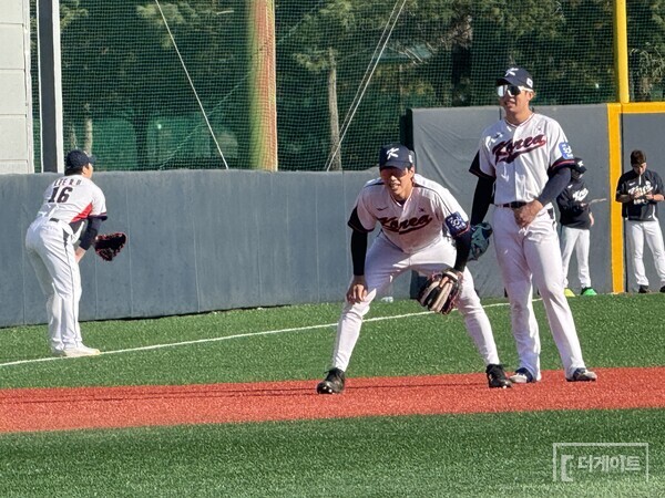 3일 고양 국가대표 야구 훈련장에서 3루 펑고를 받고 있는 송성문. (사진=더게이트 박승민 기자)