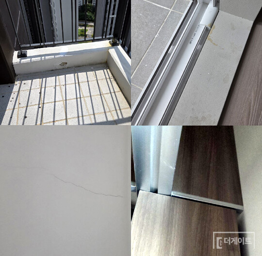 K 씨가 발견한 하자만 무려 100건이다. 힐스테이트 두정역 측은 "100건이 아니라 103건"이라고 했다. 사진 좌측 상단부터 시계 방향으로 1. 테라스 구조물 부식과 파손 2. 샷시 손상 3. 실내 균열 4. 빌트인 가구 시공 불량(사진=더게이트)